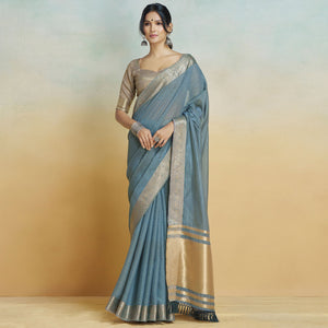 Grey Woven Cotton Silk Saree With Tassels