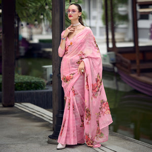 Pink Floral Digital Printed Georgette Saree