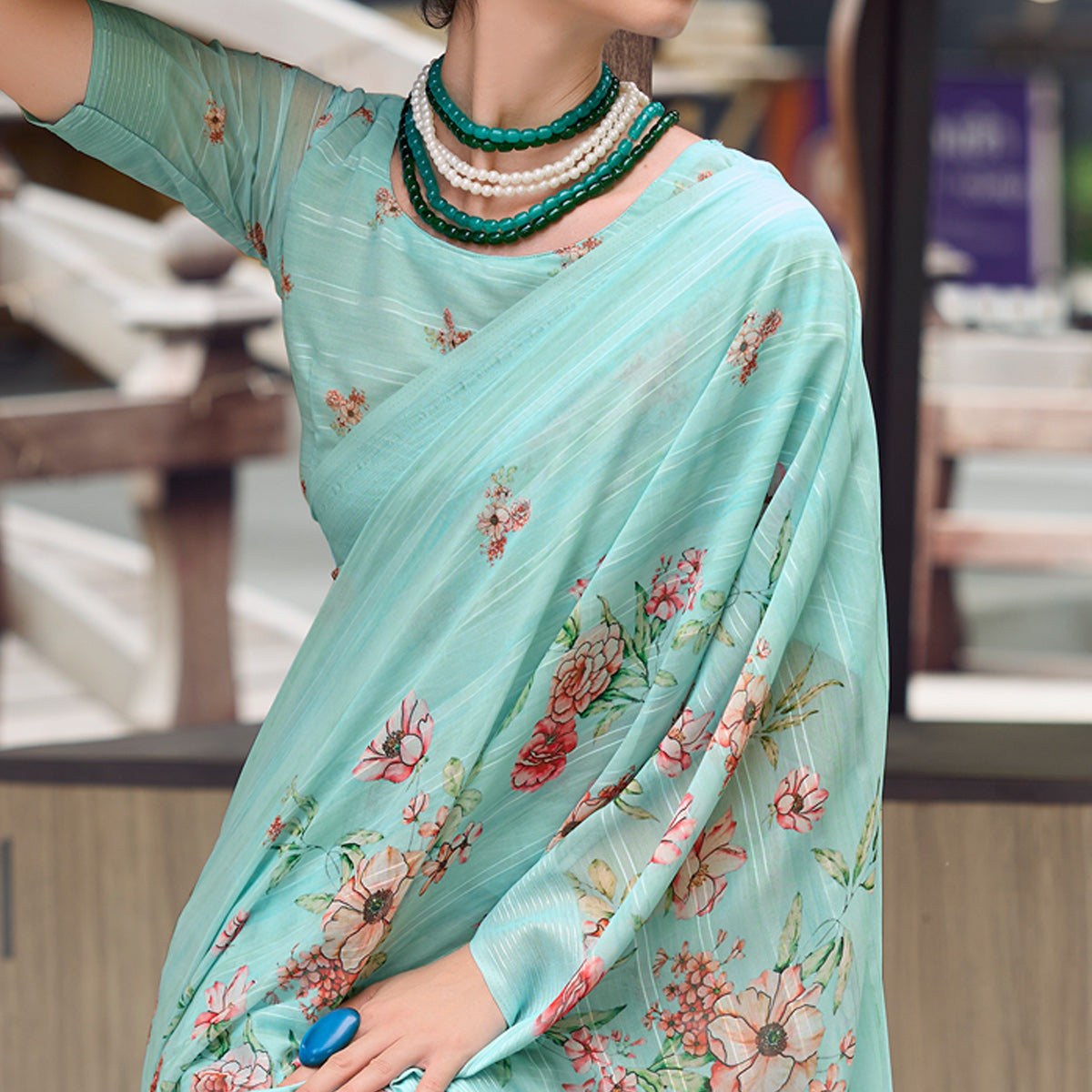 Blue Floral Digital Printed Georgette Saree