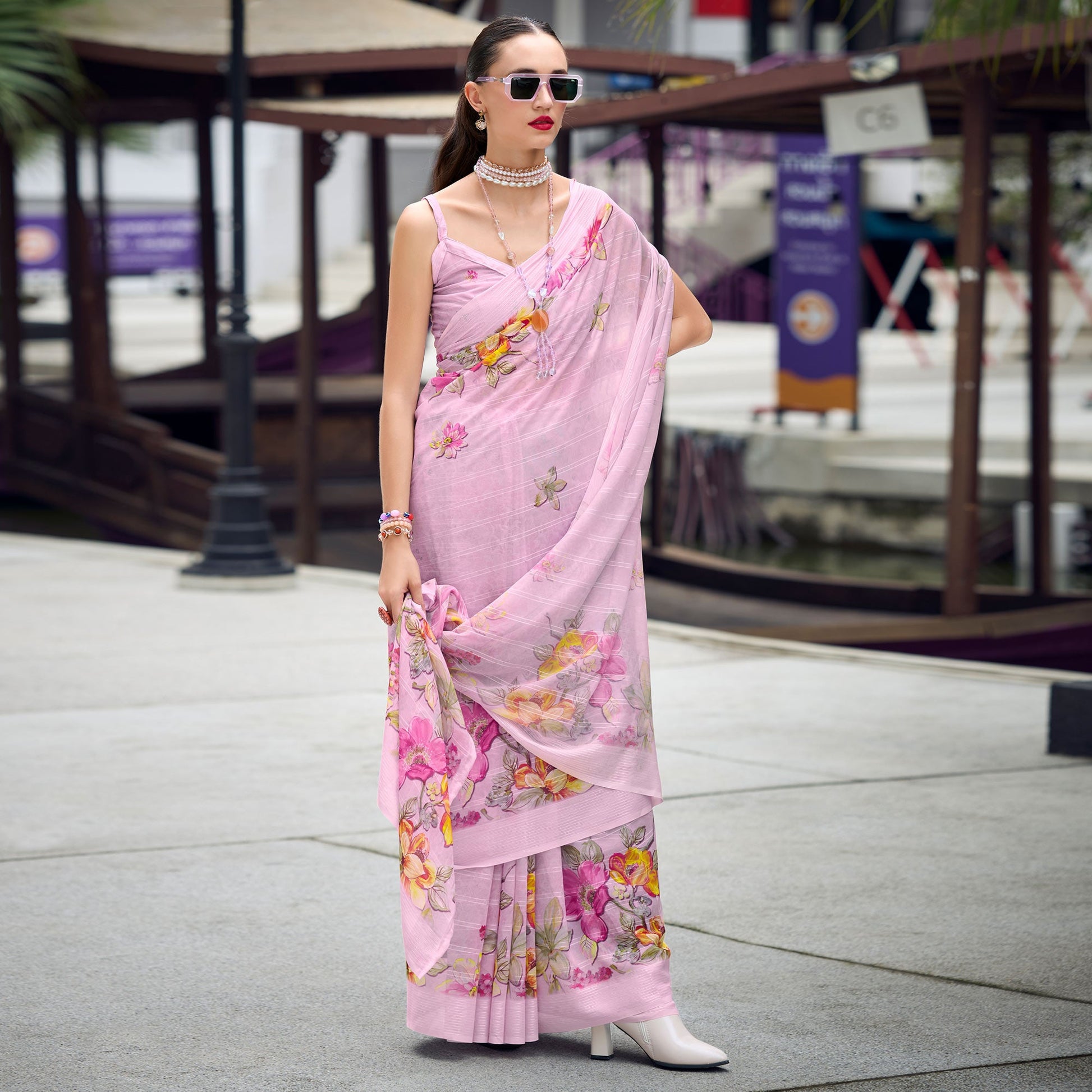 Light Pink Floral Digital Printed Georgette Saree