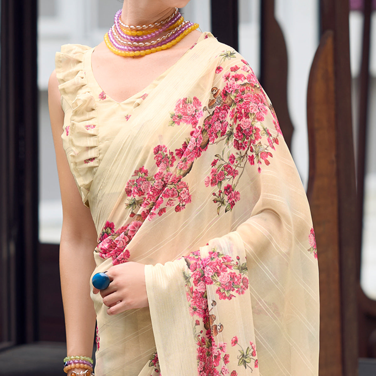 Cream Floral Digital Printed Georgette Saree