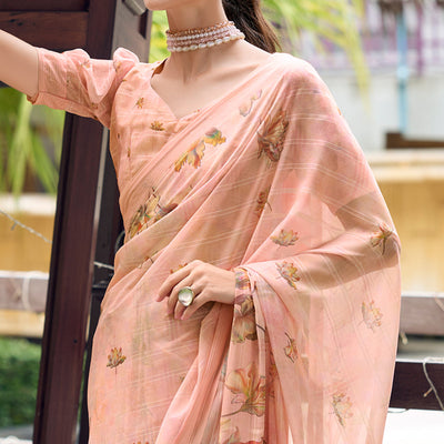 Peach Floral Digital Printed Georgette Saree