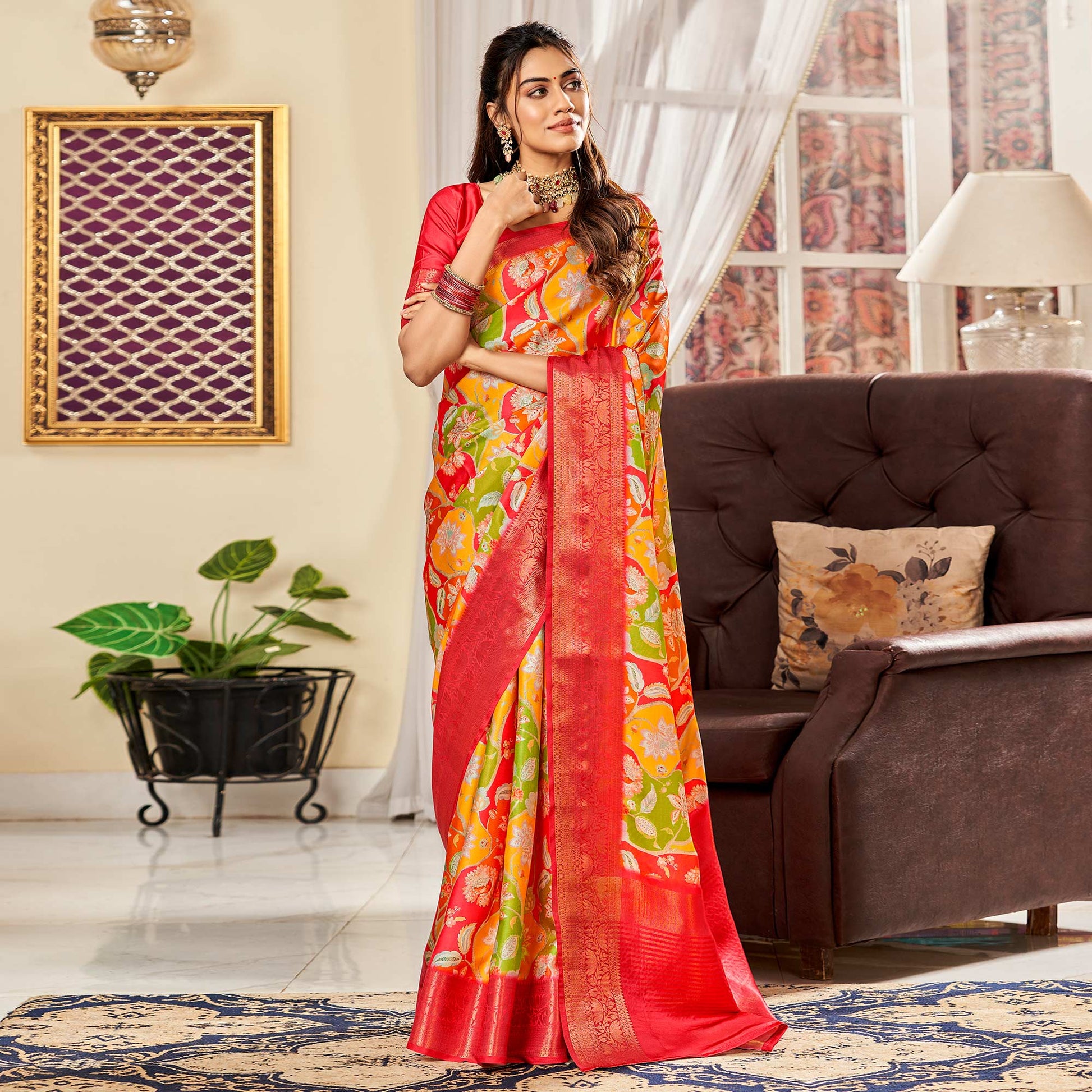 Multicolor Digital Printed Satin Saree