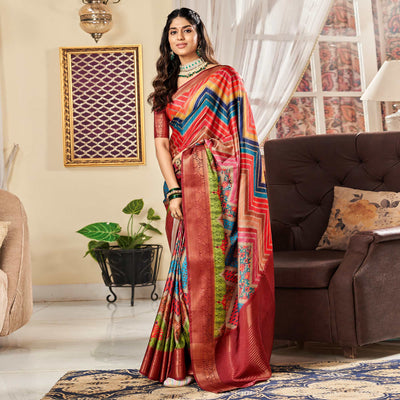 Multicolor Digital Printed Satin Saree