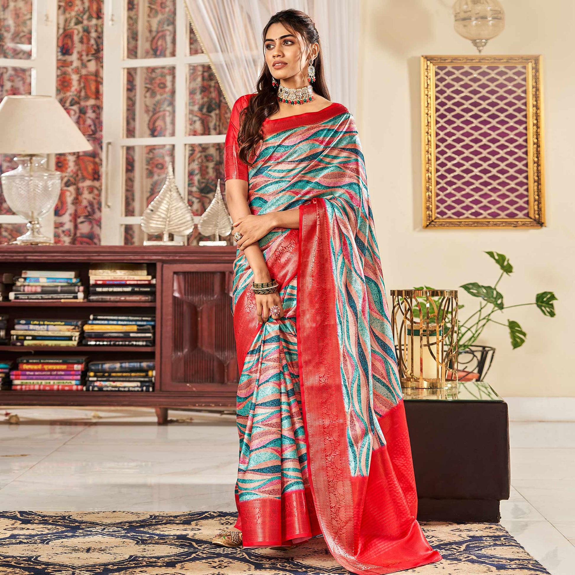 Multicolor Digital Printed Satin Saree