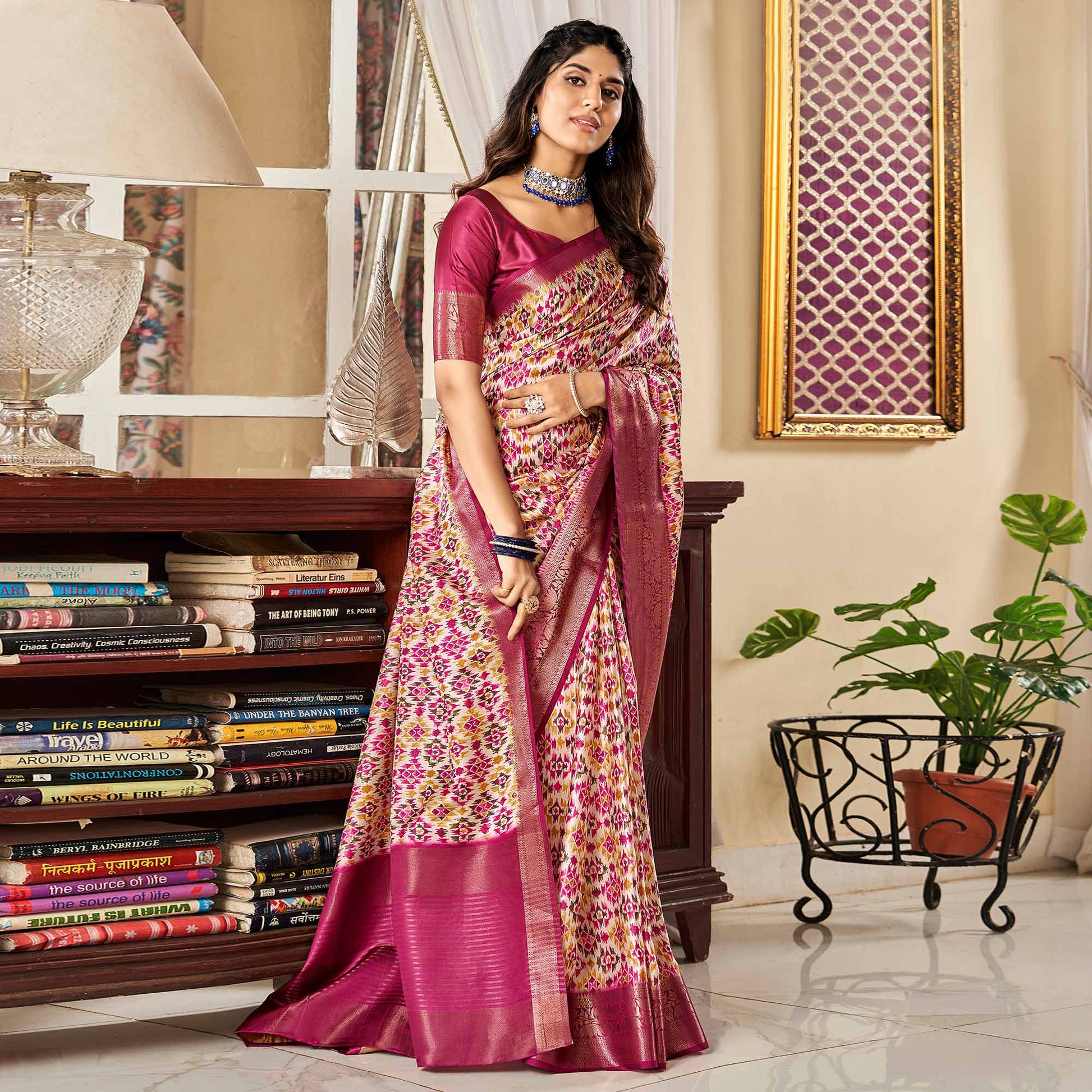 Magenta Digital Printed Satin Saree