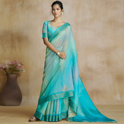 Turquoise Digital Printed With Woven Pure Silk Ombre Saree