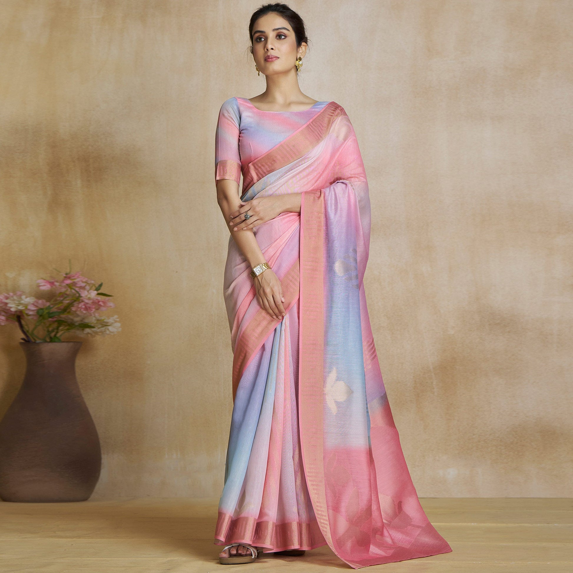 Pink Digital Printed With Woven Pure Silk Ombre Saree