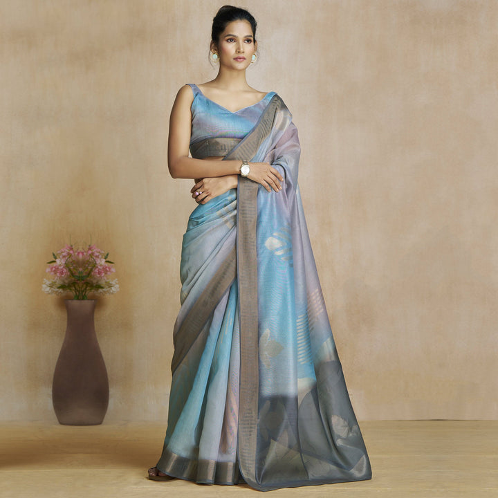 Grey Digital Printed With Woven Pure Silk Ombre Saree