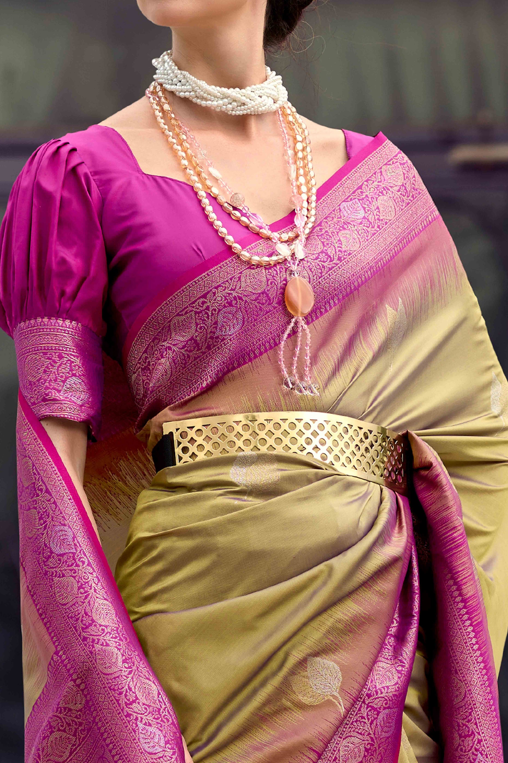 Dark Beige Zari Weaving Pure Silk Saree