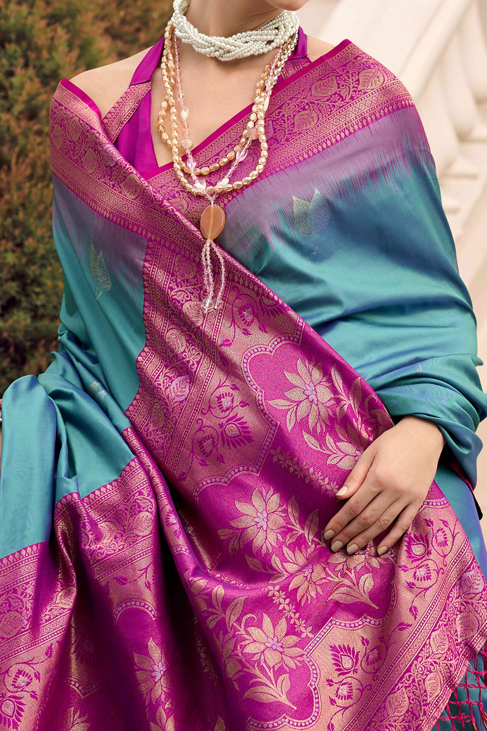 Dusty Teal Zari Weaving Pure Silk Saree