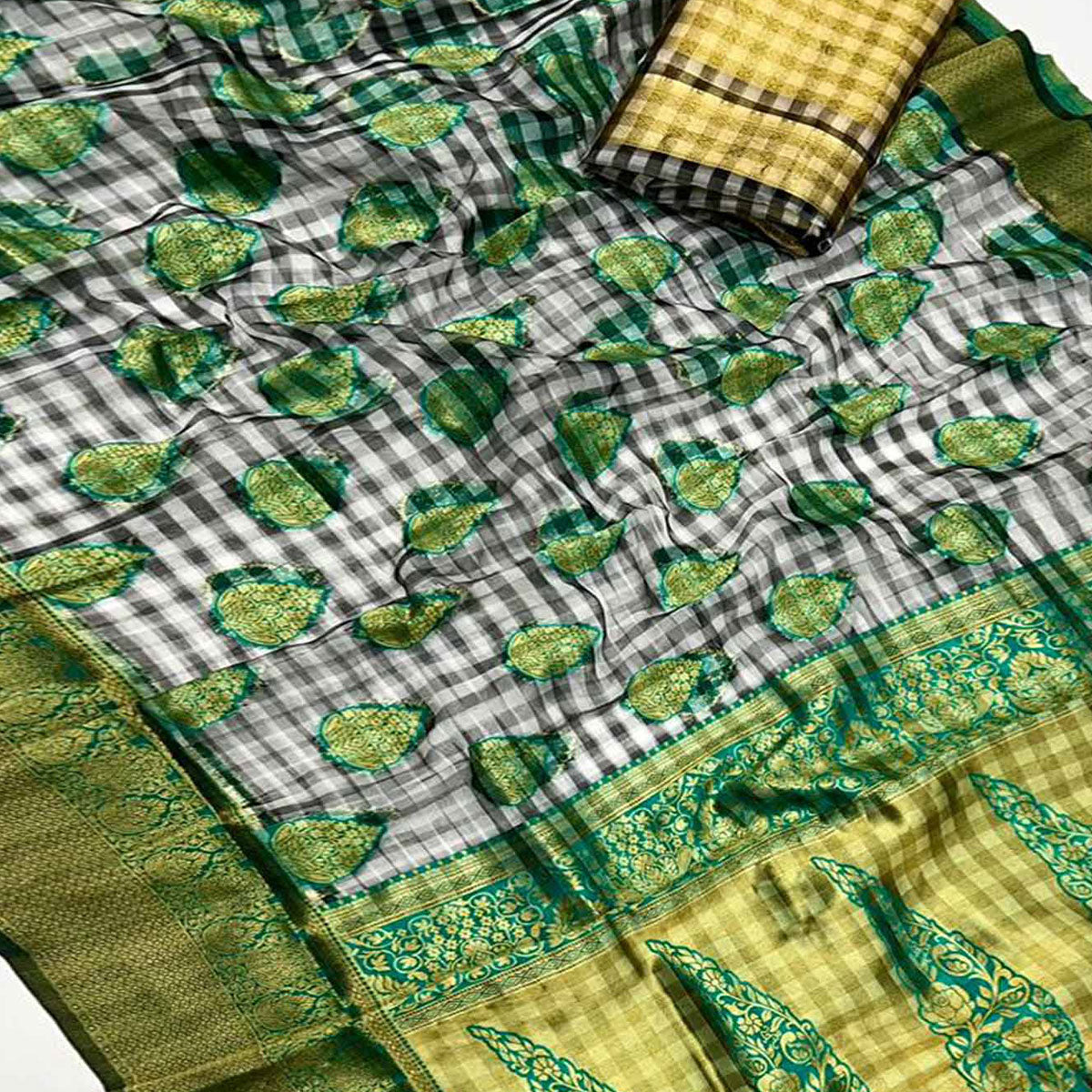 black-checks-woven-organza-saree-with-tassels
