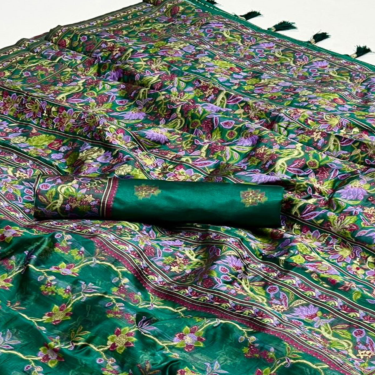 Bottle Green Parsi Woven Organza Saree