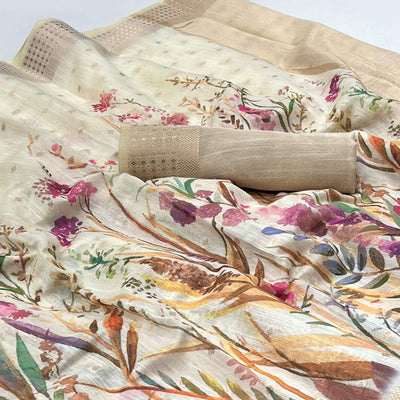 Cream Floral Digital Printed Linen Saree