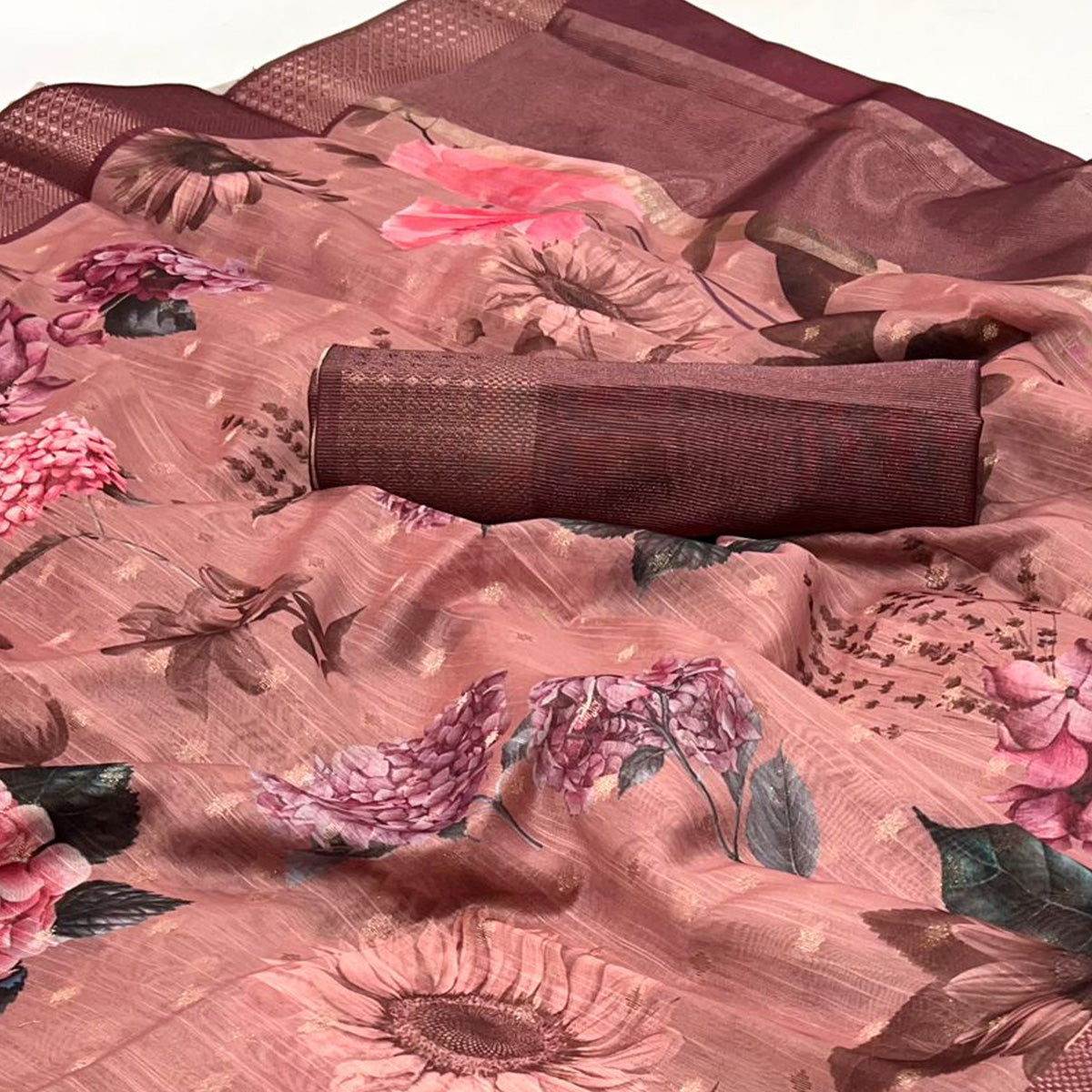 Mauve Floral Digital Printed Linen Saree