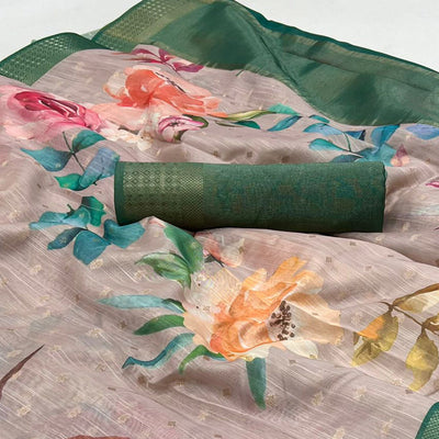 Brown Floral Digital Printed Linen Saree