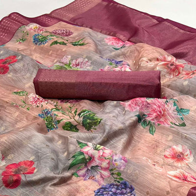 Multicolor Floral Digital Printed Linen Saree
