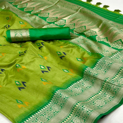 green-ikkat-handwoven-art-silk-saree-with-tassels