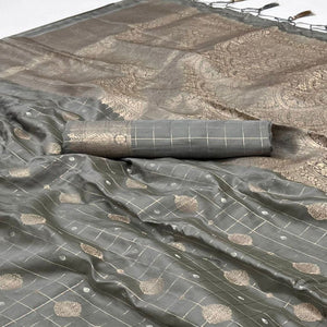 Grey Woven Art Silk Saree With Tassels