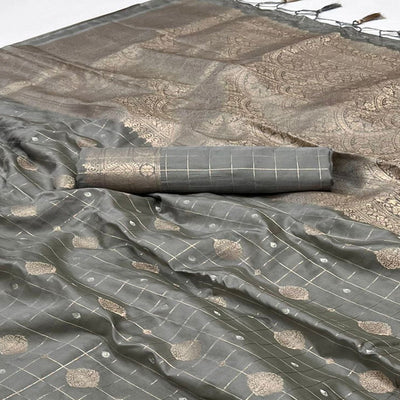 Grey Woven Art Silk Saree With Tassels
