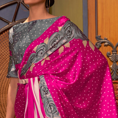 Magenta Floral Printed Satin Saree