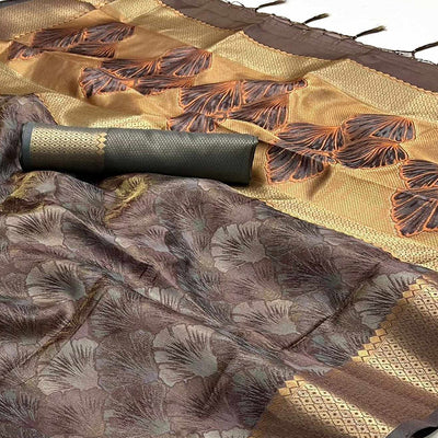 Brown Zari Woven Organza Saree Tassels