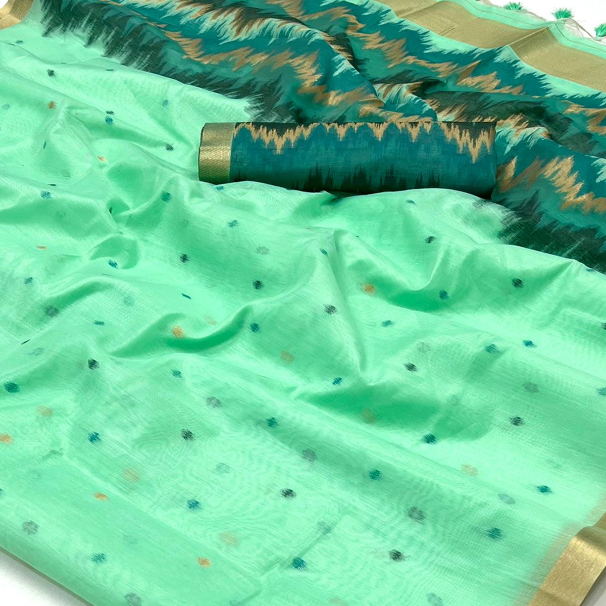 Mint Green Woven Cotton Silk Saree