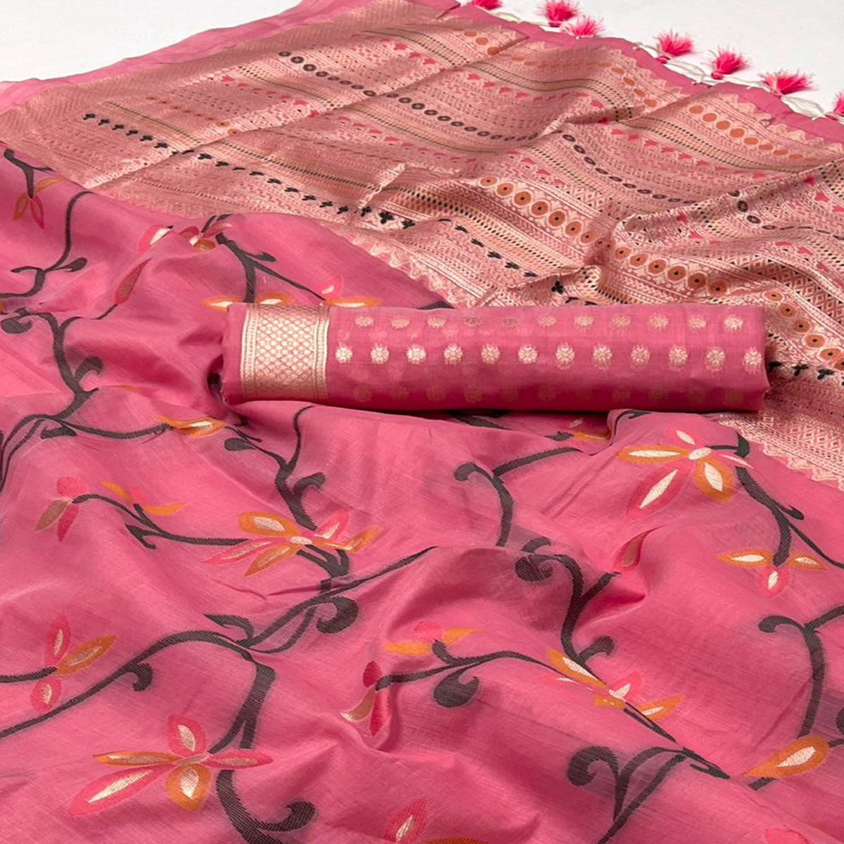 Gajri Pink Floral Woven Cotton Silk Saree With Tassels