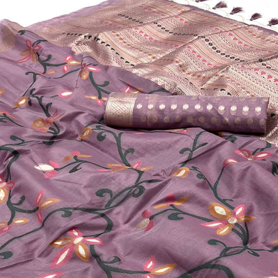 Mauve Floral Woven Cotton Silk Saree With Tassels