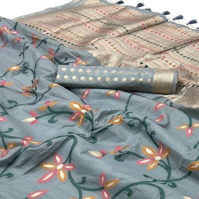 grey-floral-woven-cotton-silk-saree-with-tassels-1
