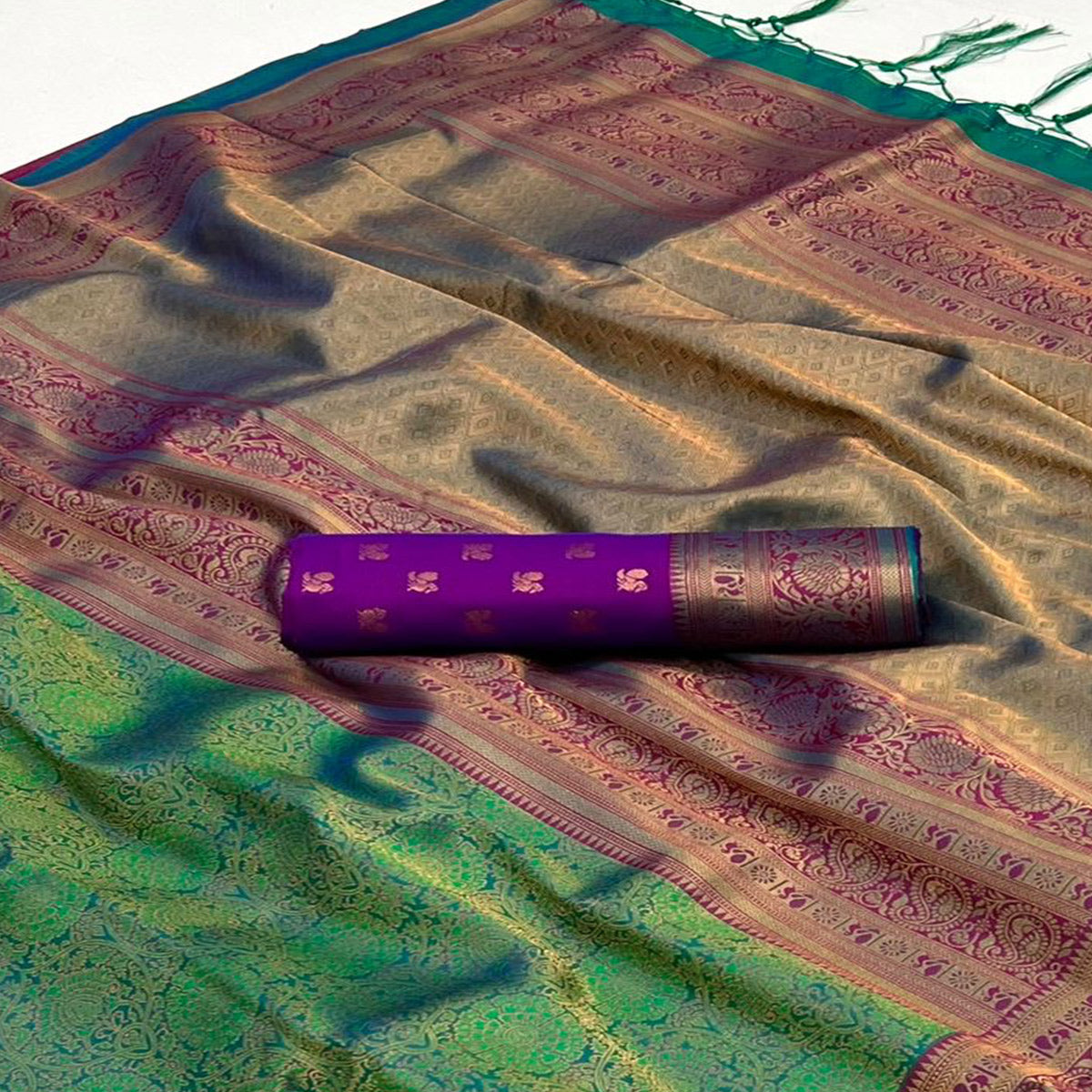 green-floral-woven-art-silk-saree-with-tassels-2