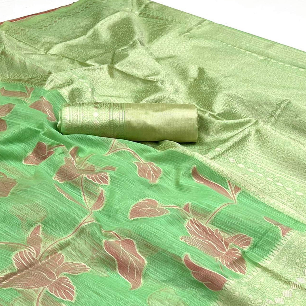 green-floral-woven-linen-saree-with-zari-work