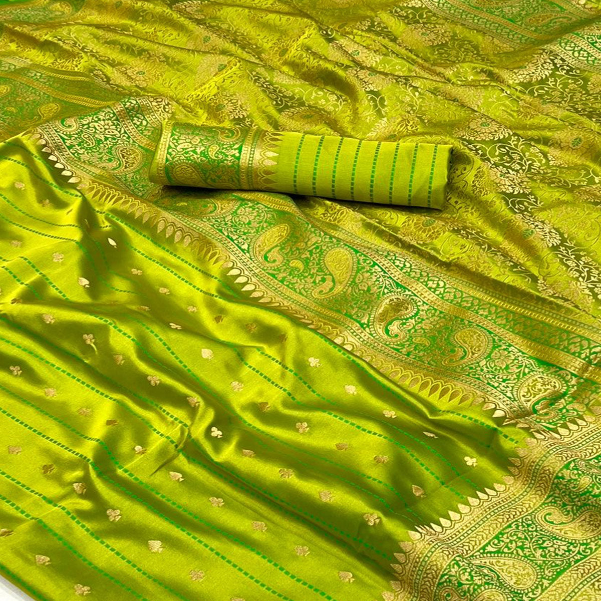 green-woven-zari-border-satin-saree-with-tassels