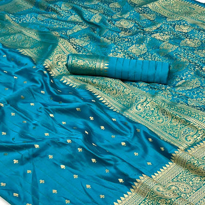Blue Woven Zari Border Satin Saree With Tassels