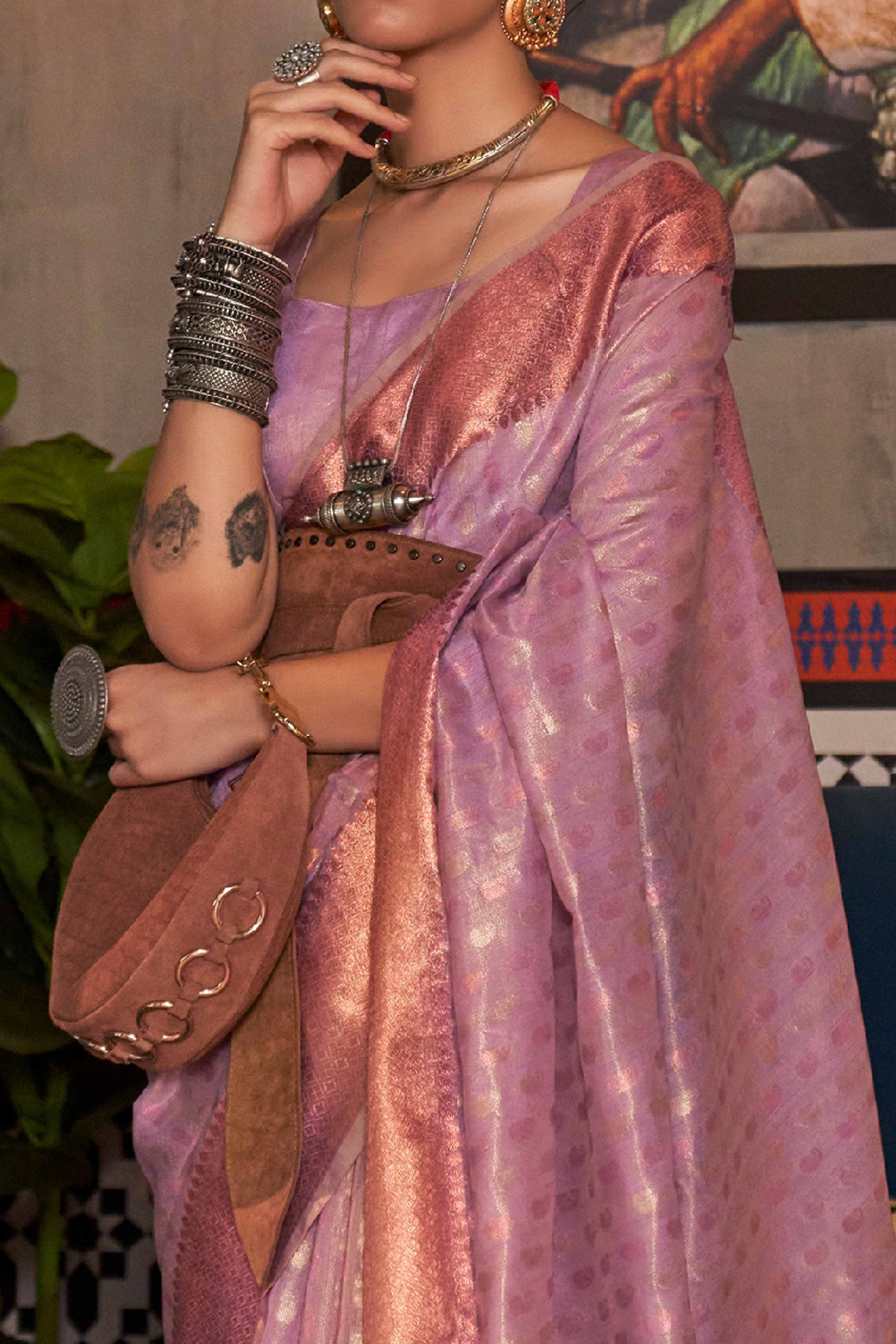 Lavender Handloom Zari Woven Tissue Saree