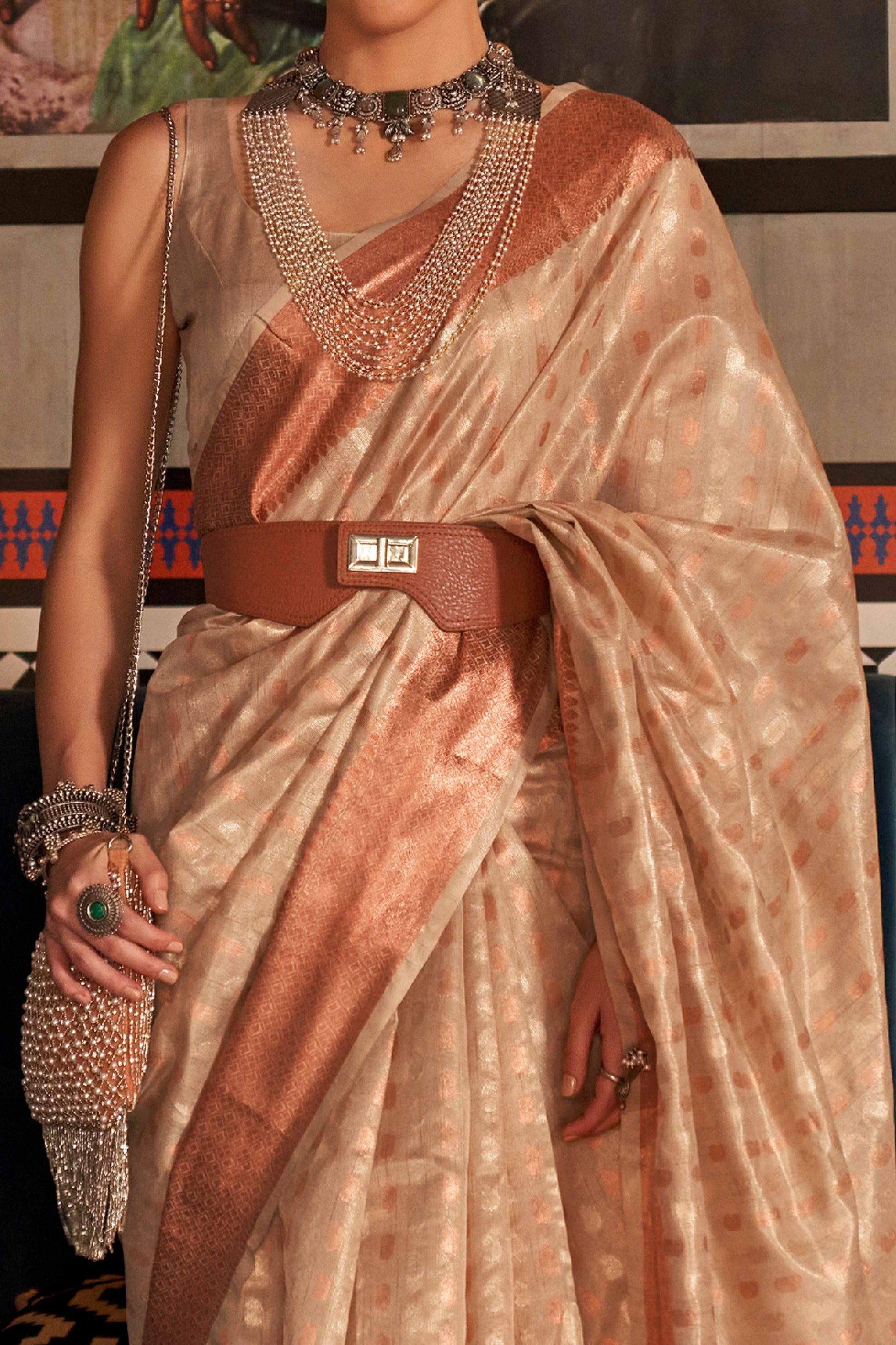 Cream Handloom Zari Woven Tissue Saree