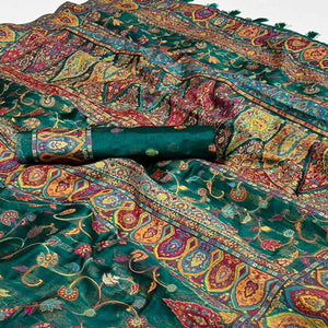 green-woven-kashmiri-organza-saree-with-tassels