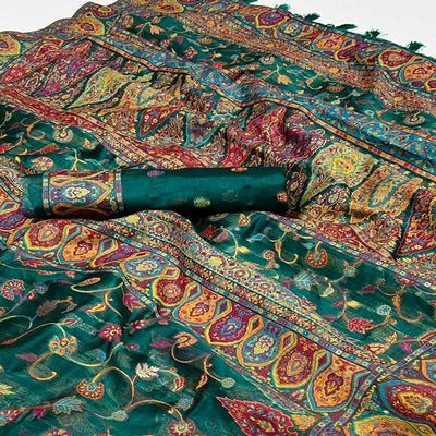 green-woven-kashmiri-organza-saree-with-tassels