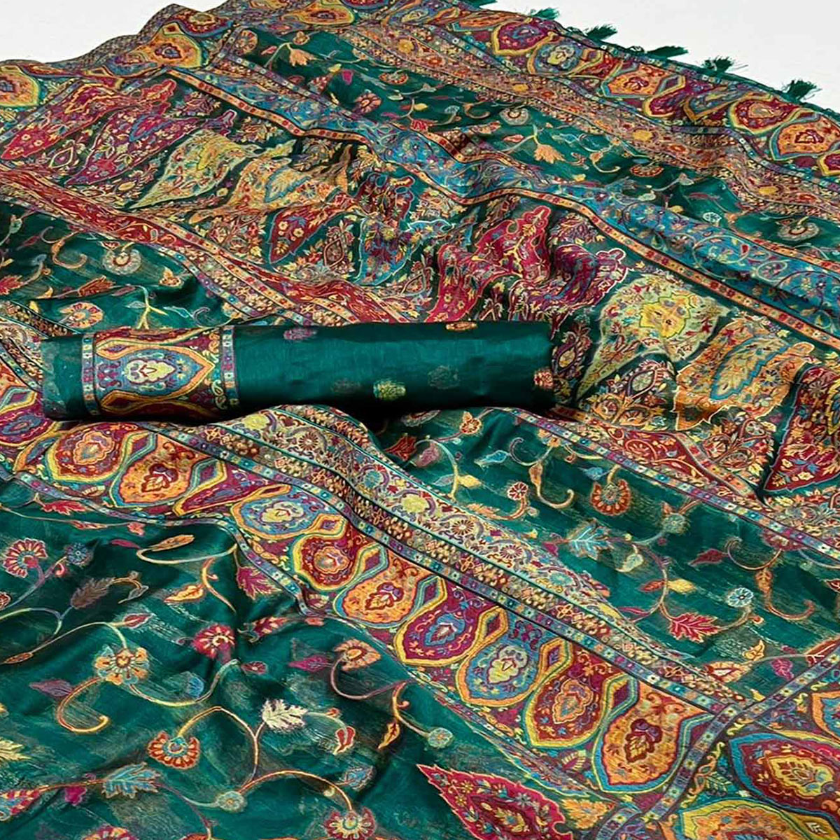 green-woven-kashmiri-organza-saree-with-tassels