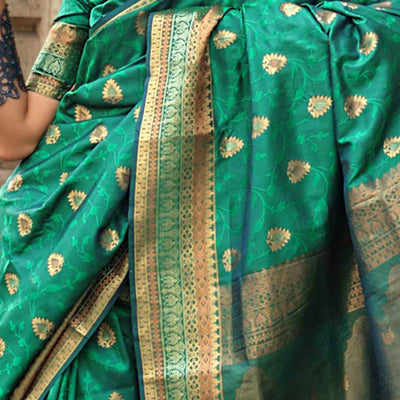 Emerald Green Floral Zari Work Woven Banarasi Silk Saree