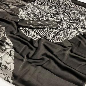 Dark Coffee Brown Contemporary Printed Satin Saree