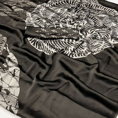 Dark Coffee Brown Contemporary Printed Satin Saree