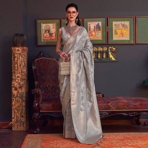 Grey Woven Art Silk Saree With Tassels