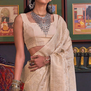 Cream Woven Art Silk Saree With Tassels