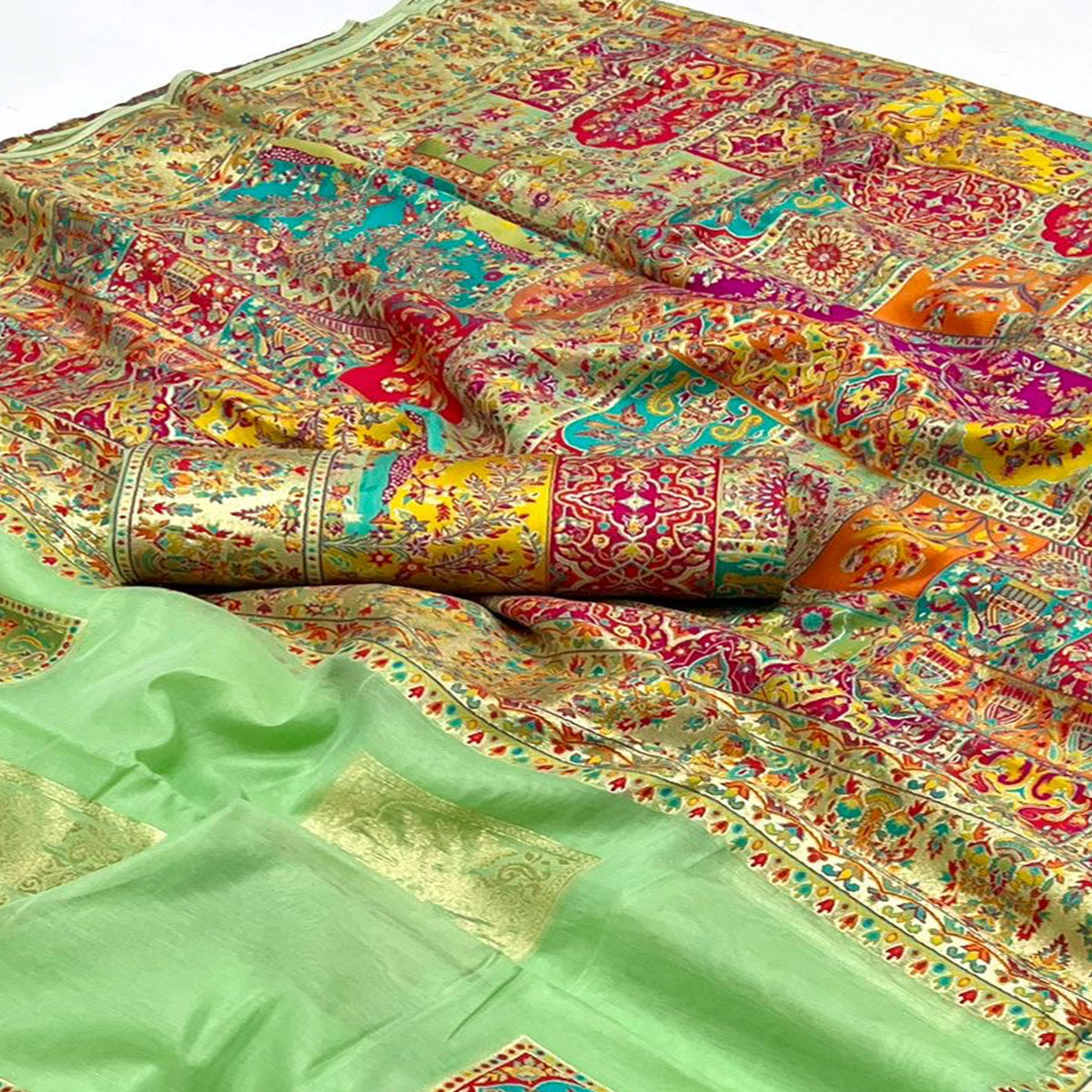 Light Green Floral Embroidered Woven Chanderi Silk Saree