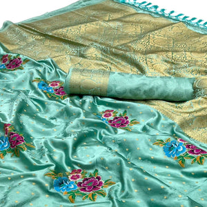 Light Turquoise Floral Woven Satin Saree With Tassels