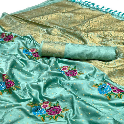 Light Turquoise Floral Woven Satin Saree With Tassels
