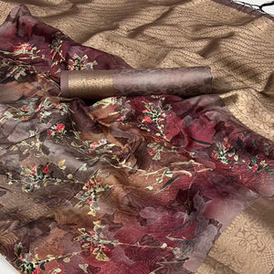 Brown Floral Woven Brasso Saree With Tassels