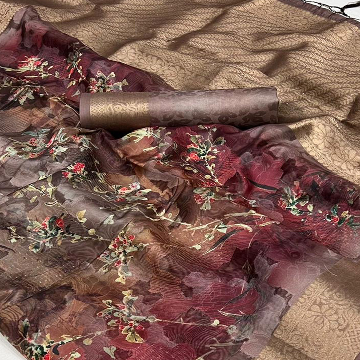 Brown Floral Woven Brasso Saree With Tassels