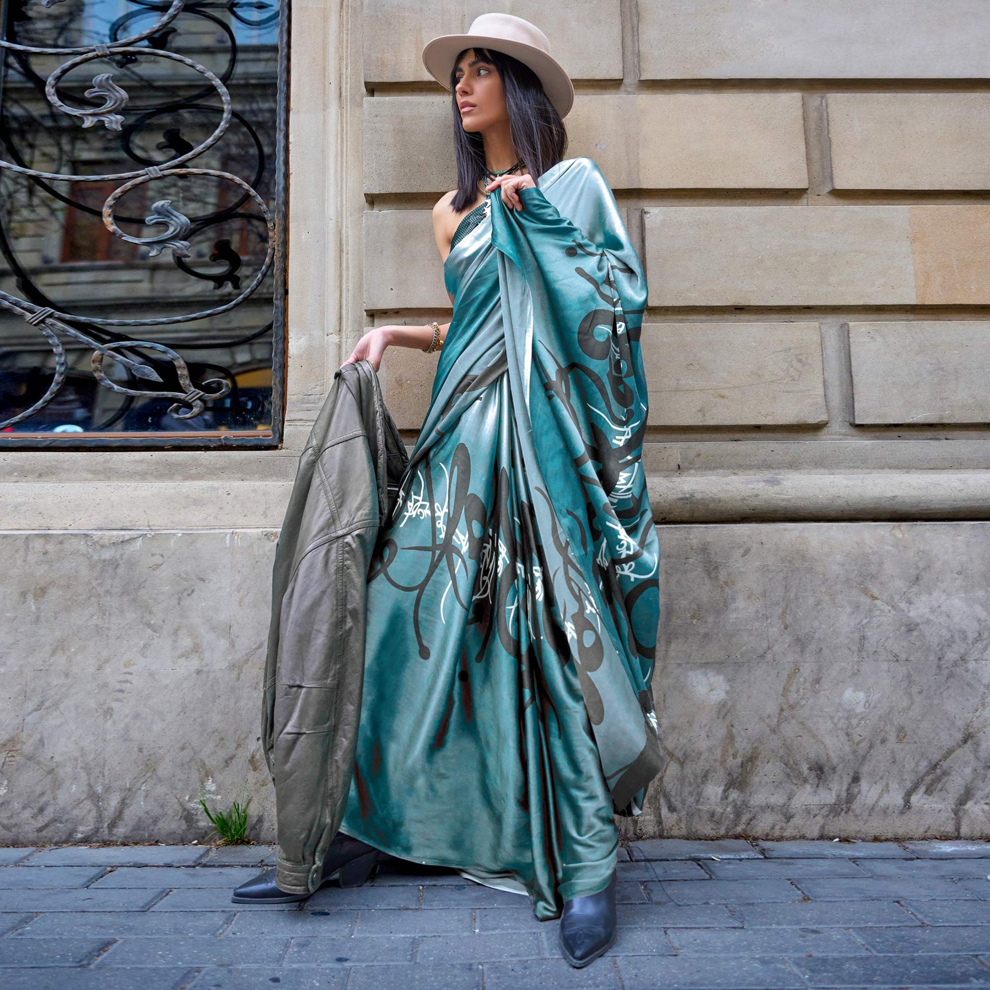 Dark Firozi Printed Satin Saree